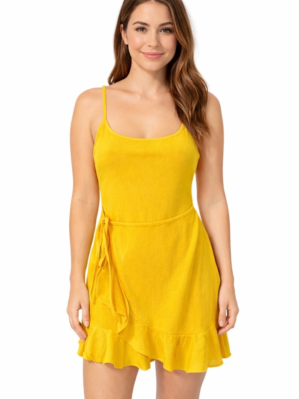 SHEIN Yellow Ribbed Wrap Ruffle Hem Mini Dress Size XS / US2